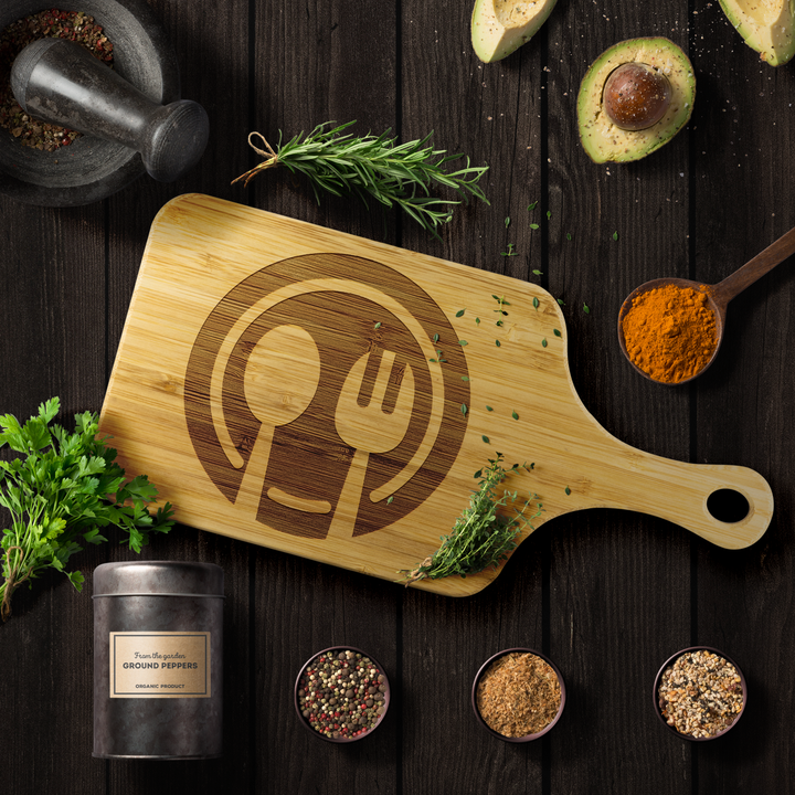 "SPOON & FORK" Wood Cutting Board With Handle